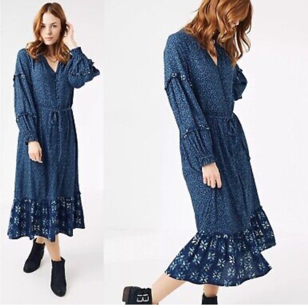 Fat Face Indigo Spotty Cora Woodblock Long Sleeve Midi Prairie Dress Ruffles 💙🤍